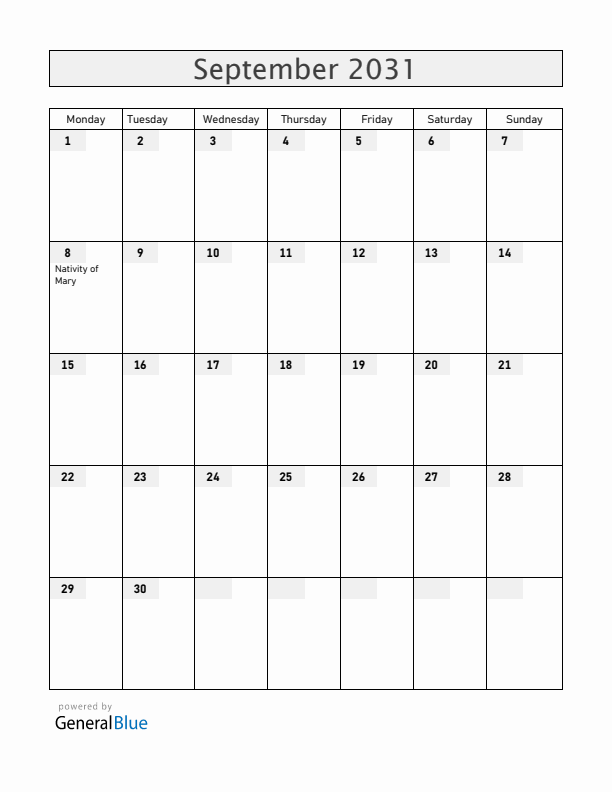 Vatican September 2031 Calendar with Holidays