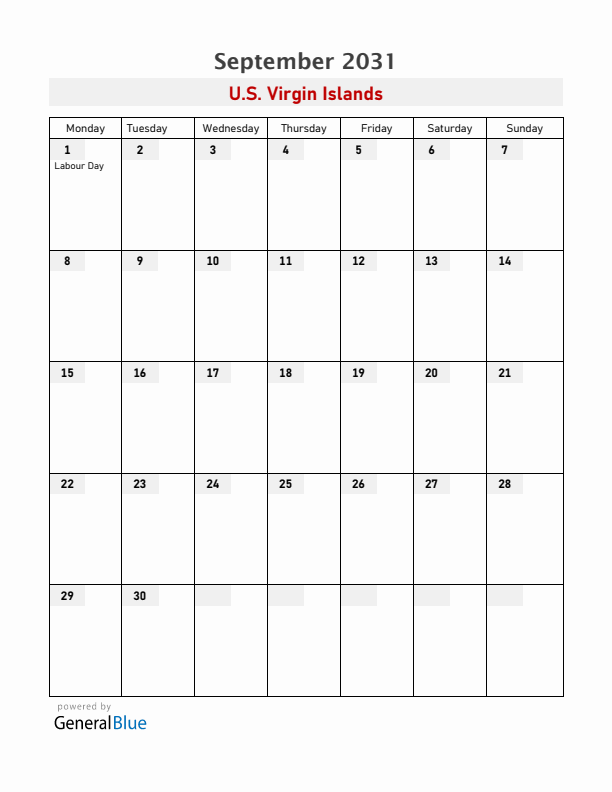 U.S. Virgin Islands September 2031 Calendar with Holidays