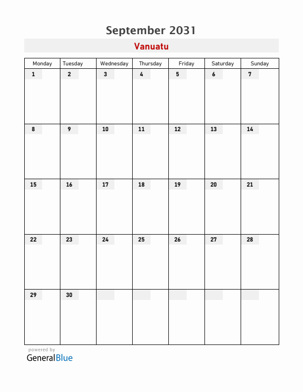 Vanuatu September 2031 Calendar with Holidays