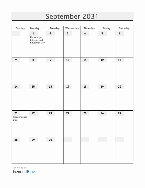 Armenia September 2031 Calendar with Holidays