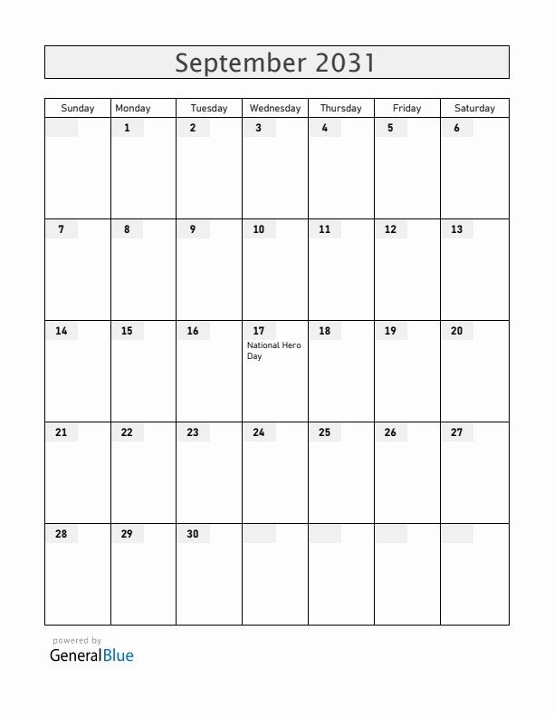 Angola September 2031 Calendar with Holidays