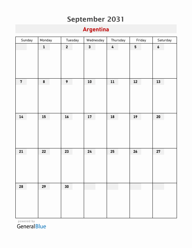 Argentina September 2031 Calendar with Holidays