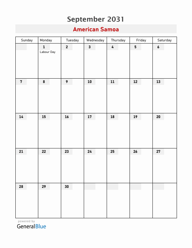 American Samoa September 2031 Calendar with Holidays