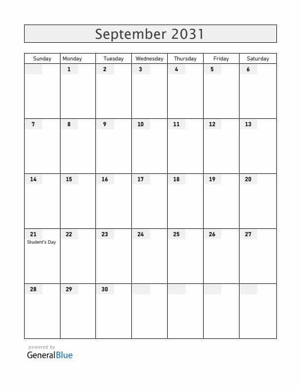 Bolivia September 2031 Calendar with Holidays