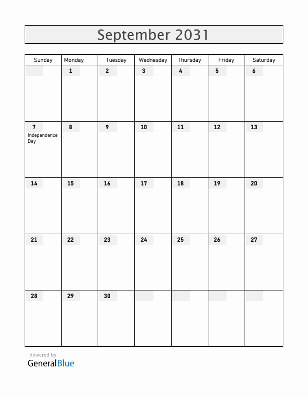 Brazil September 2031 Calendar with Holidays