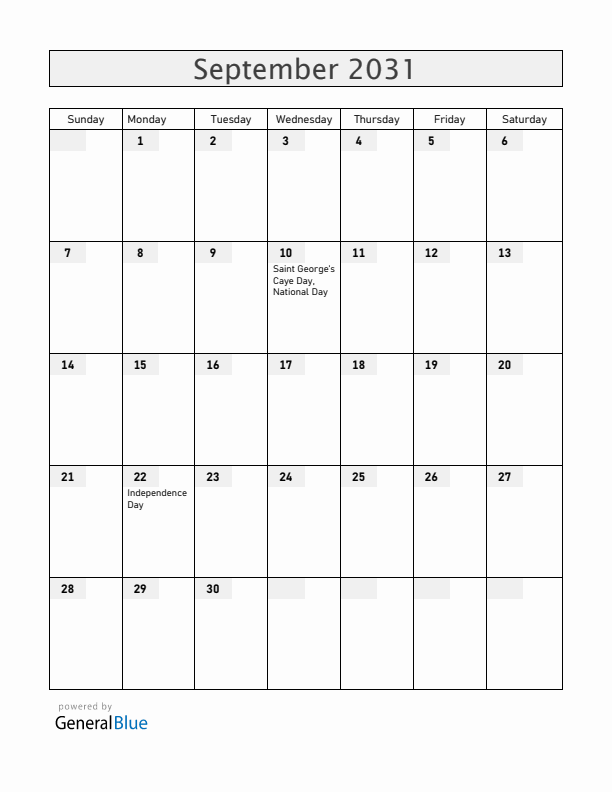 Belize September 2031 Calendar with Holidays