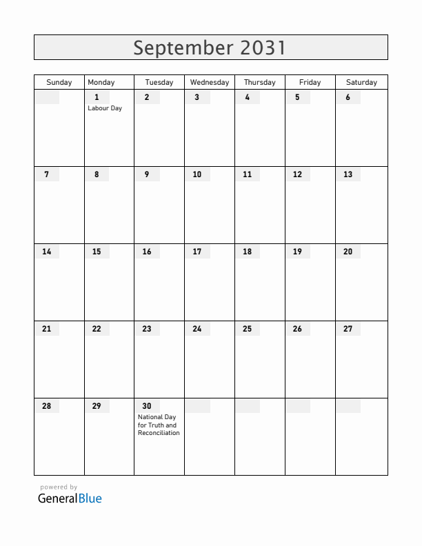 Canada September 2031 Calendar with Holidays