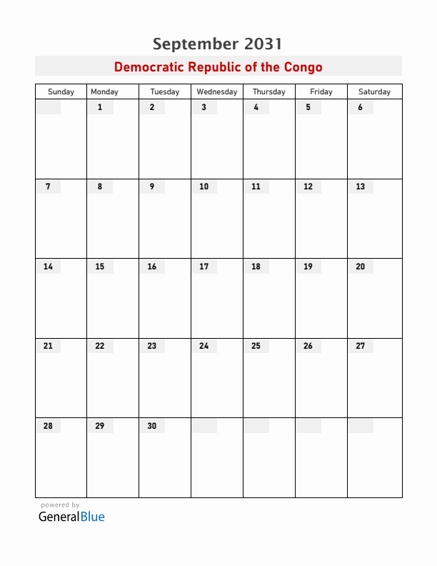 Democratic Republic of the Congo September 2031 Calendar with Holidays