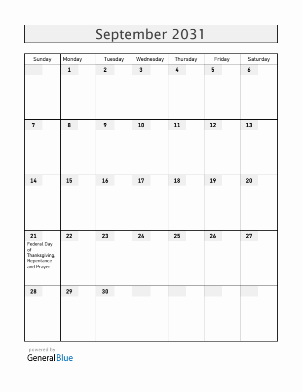 Switzerland September 2031 Calendar with Holidays