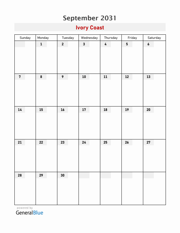 Ivory Coast September 2031 Calendar with Holidays