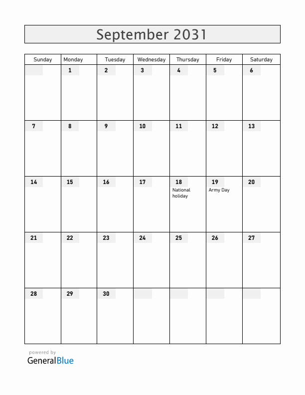 Chile September 2031 Calendar with Holidays
