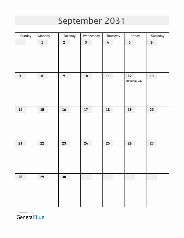 Cabo Verde September 2031 Calendar with Holidays