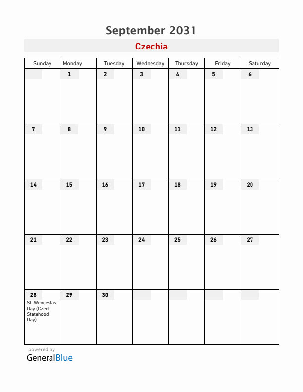 Czechia September 2031 Calendar with Holidays