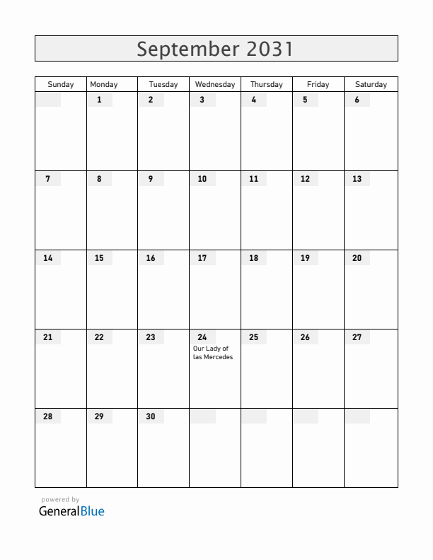 Dominican Republic September 2031 Calendar with Holidays