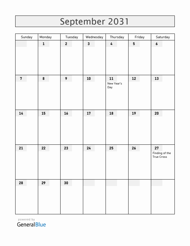 Ethiopia September 2031 Calendar with Holidays
