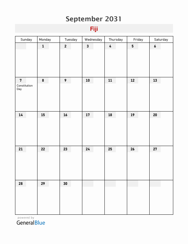 Fiji September 2031 Calendar with Holidays