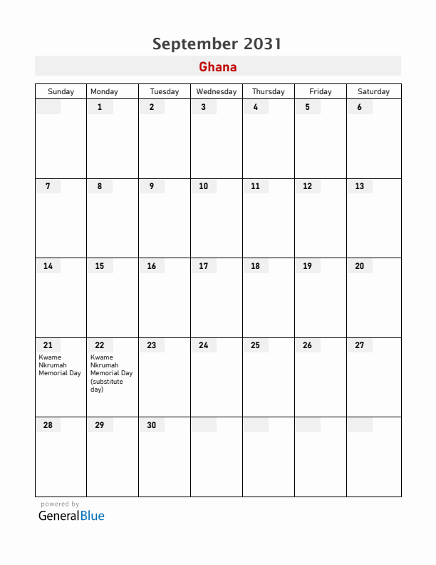 Ghana September 2031 Calendar with Holidays