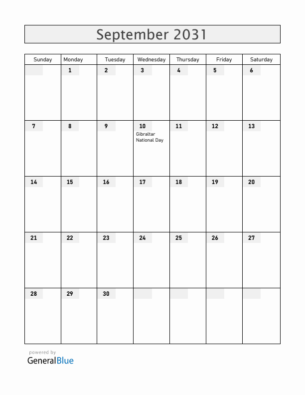 Gibraltar September 2031 Calendar with Holidays