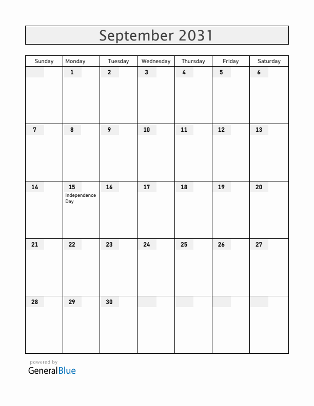 Guatemala September 2031 Calendar with Holidays