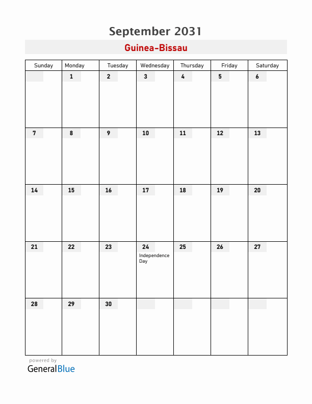 Guinea-Bissau September 2031 Calendar with Holidays