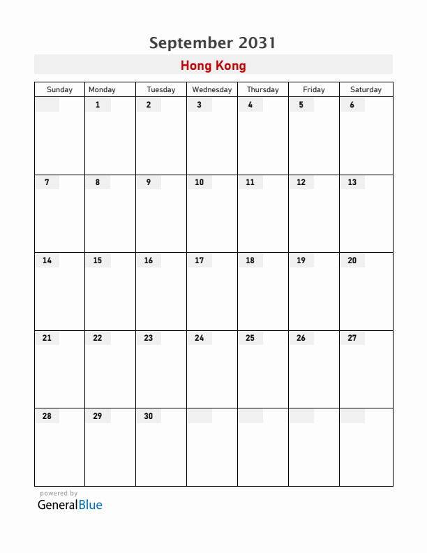 Hong Kong September 2031 Calendar with Holidays