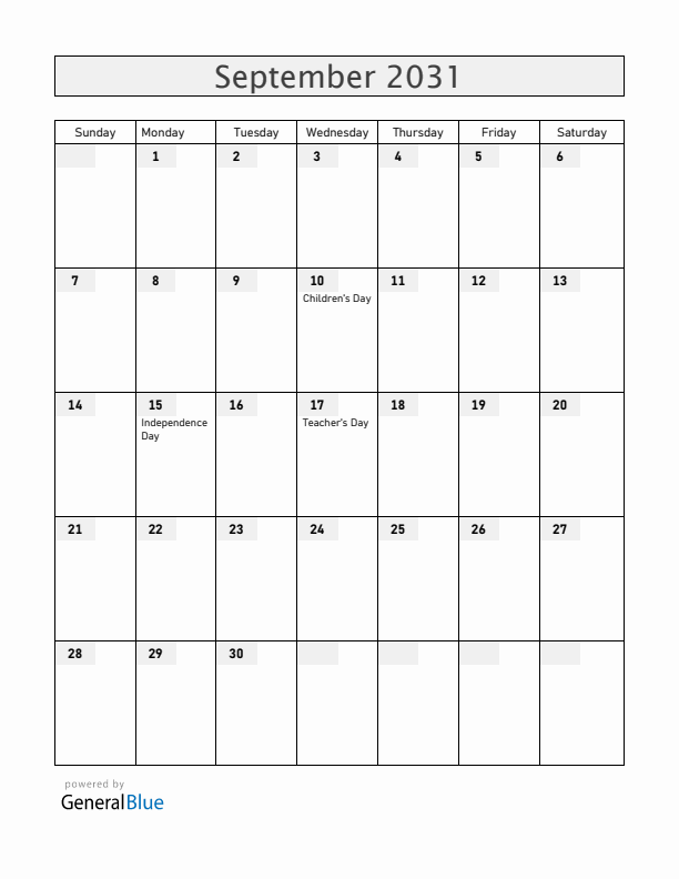 Honduras September 2031 Calendar with Holidays