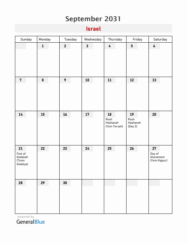 Israel September 2031 Calendar with Holidays