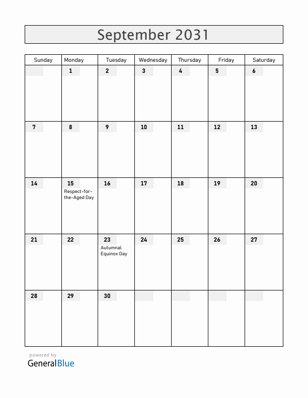 Japan September 2031 Calendar with Holidays