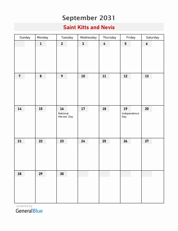 Saint Kitts and Nevis September 2031 Calendar with Holidays