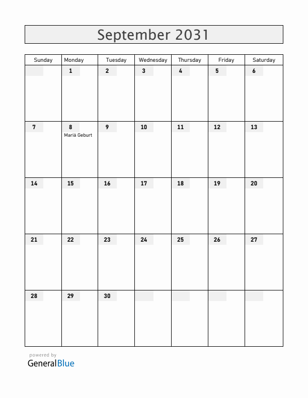 Liechtenstein September 2031 Calendar with Holidays