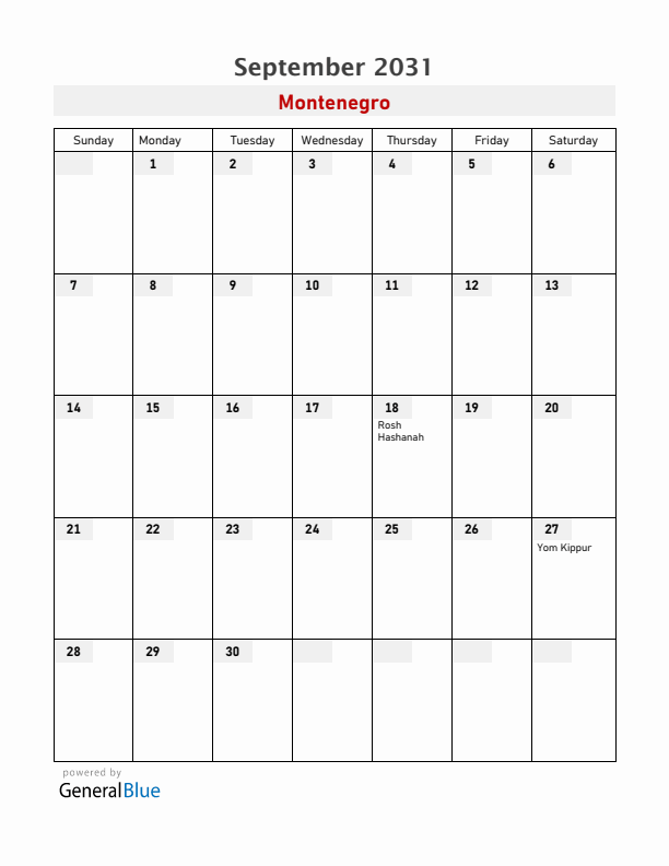 Montenegro September 2031 Calendar with Holidays
