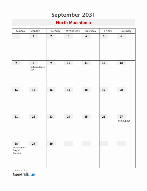 North Macedonia September 2031 Calendar with Holidays
