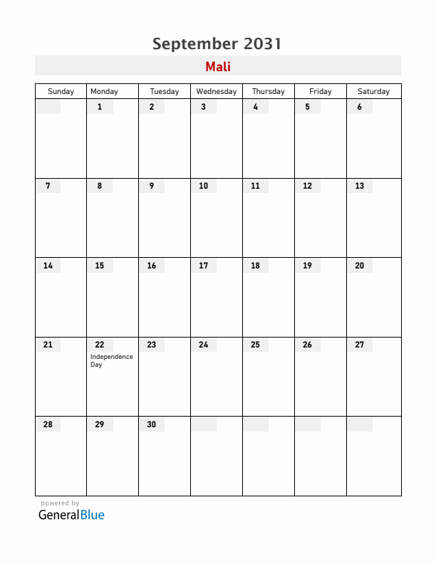 Mali September 2031 Calendar with Holidays
