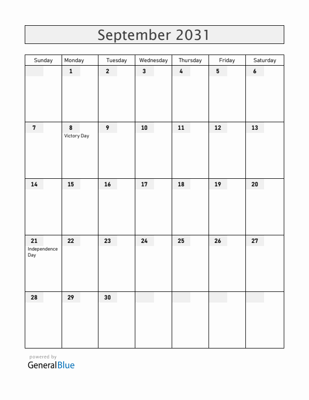 Malta September 2031 Calendar with Holidays