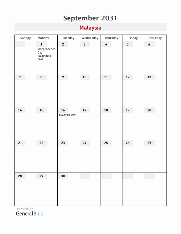 Malaysia September 2031 Calendar with Holidays