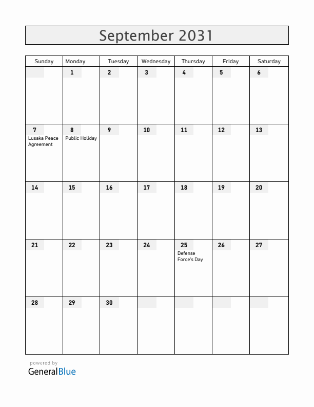 Mozambique September 2031 Calendar with Holidays