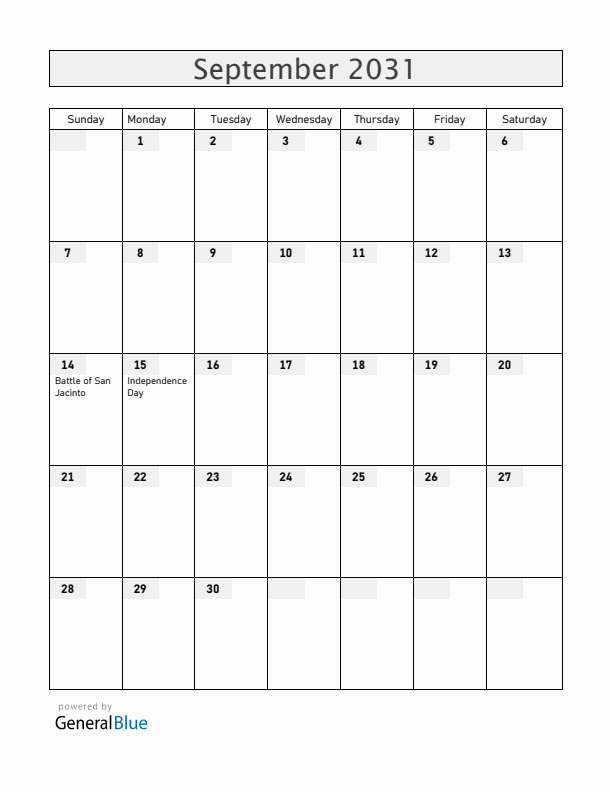 Nicaragua September 2031 Calendar with Holidays