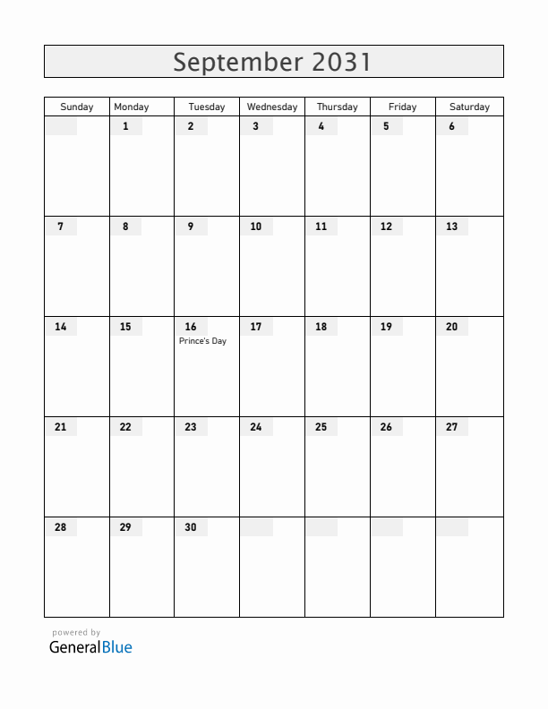 The Netherlands September 2031 Calendar with Holidays