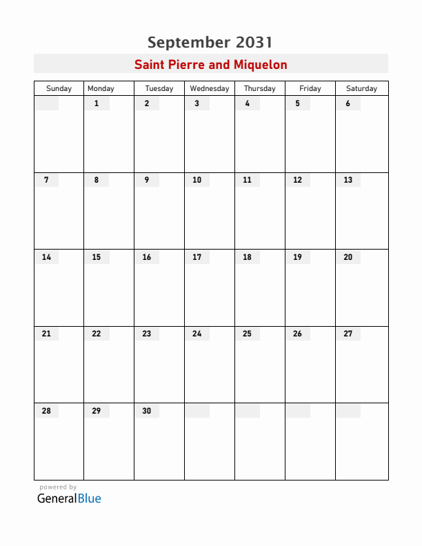 Saint Pierre and Miquelon September 2031 Calendar with Holidays