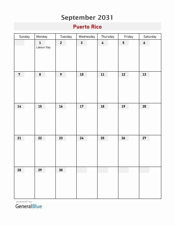Puerto Rico September 2031 Calendar with Holidays