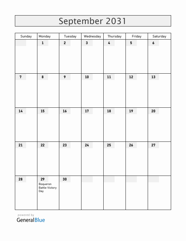 Paraguay September 2031 Calendar with Holidays