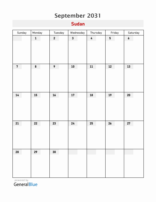 Sudan September 2031 Calendar with Holidays
