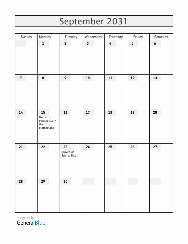 Slovenia September 2031 Calendar with Holidays