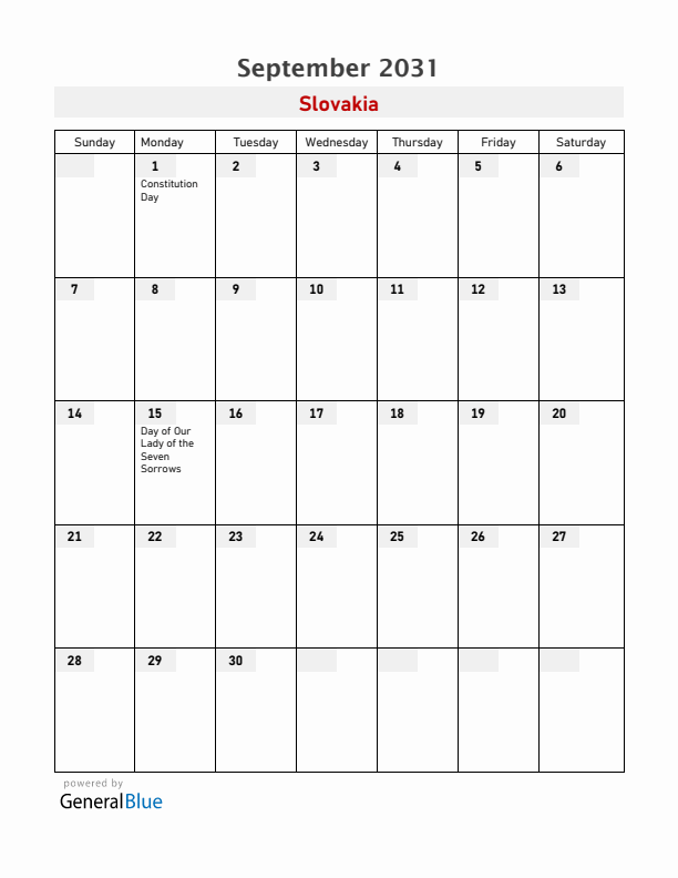 Slovakia September 2031 Calendar with Holidays