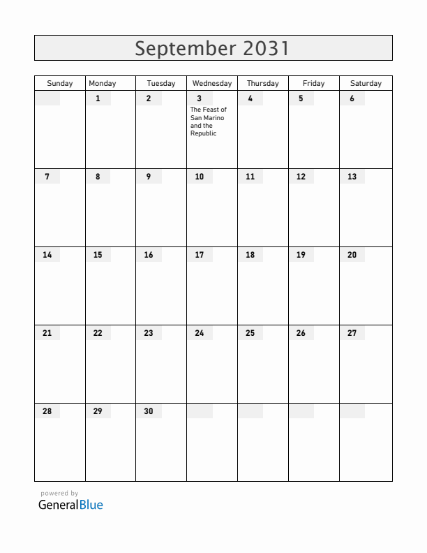 San Marino September 2031 Calendar with Holidays