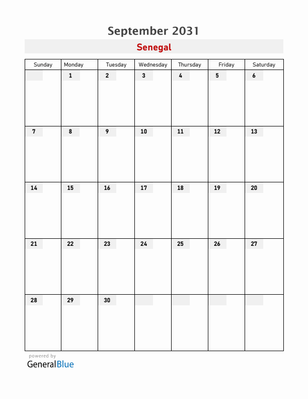 Senegal September 2031 Calendar with Holidays