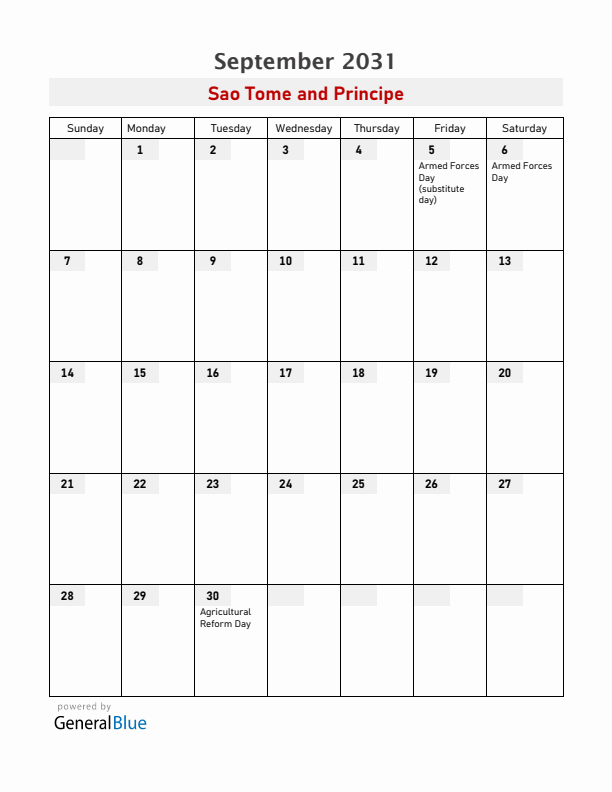 Sao Tome and Principe September 2031 Calendar with Holidays