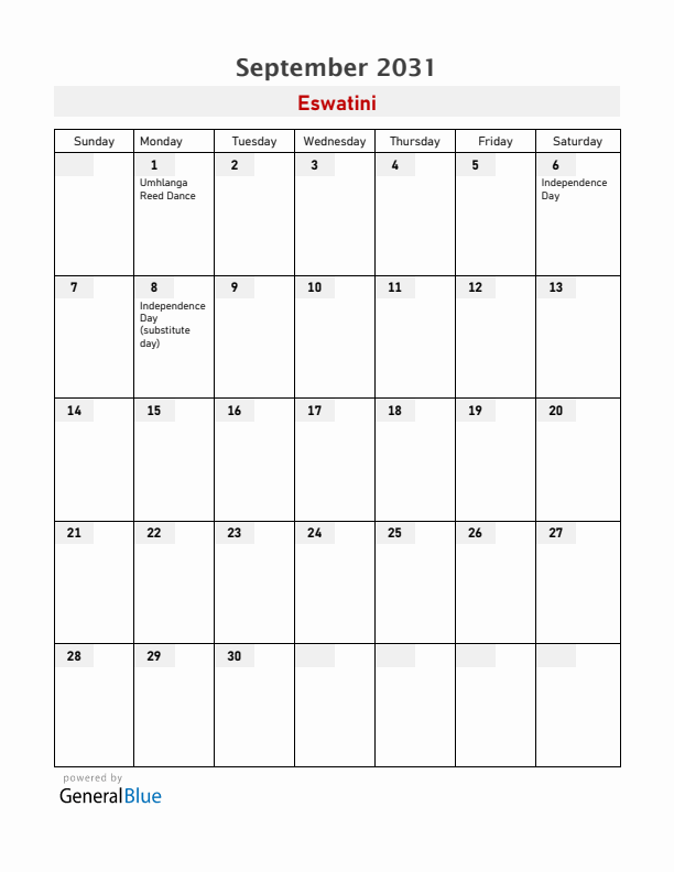 Eswatini September 2031 Calendar with Holidays