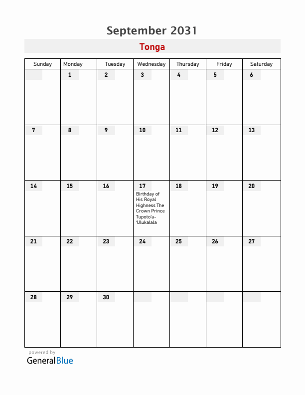 Tonga September 2031 Calendar with Holidays