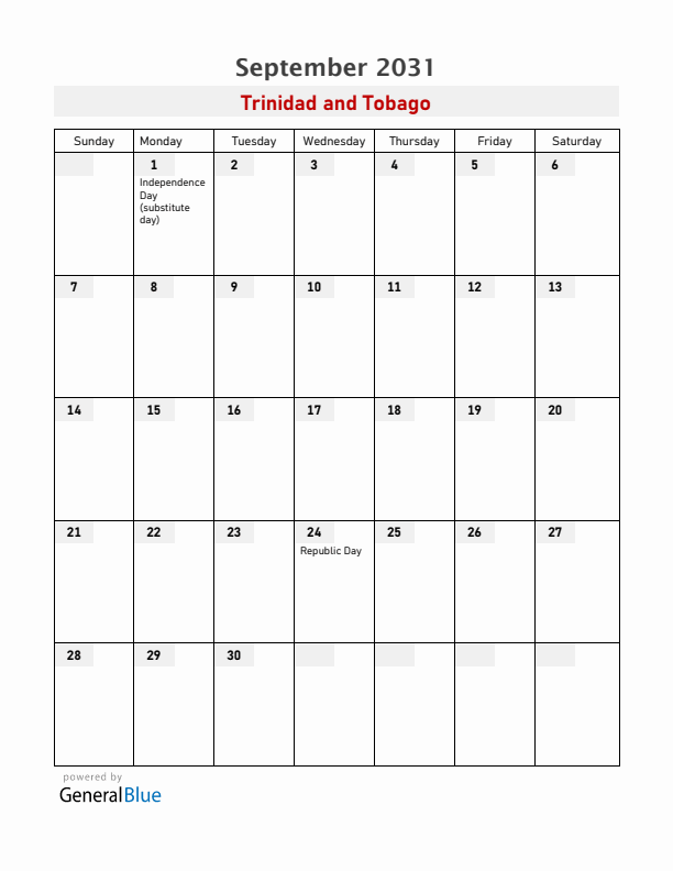 Trinidad and Tobago September 2031 Calendar with Holidays